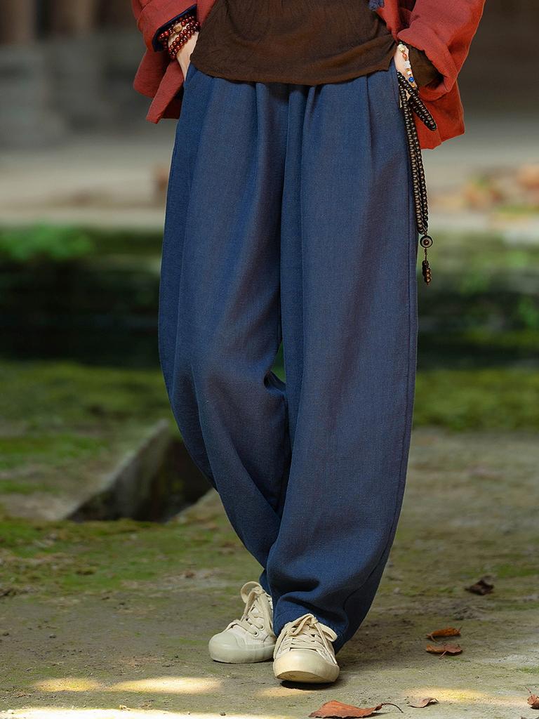 Johnature Women Winter Vintage Bloomers Pants Solid Color Elastic Waist Trousers Female Long Pants