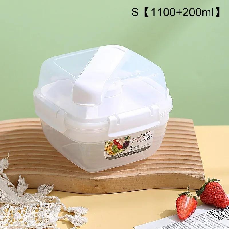 Portable 2 Layer Salad Bowls Lunch Box with Fork Meal Prep Food Storage Container Fresh-keeping Sealed Leakproof Bento Lunchbox