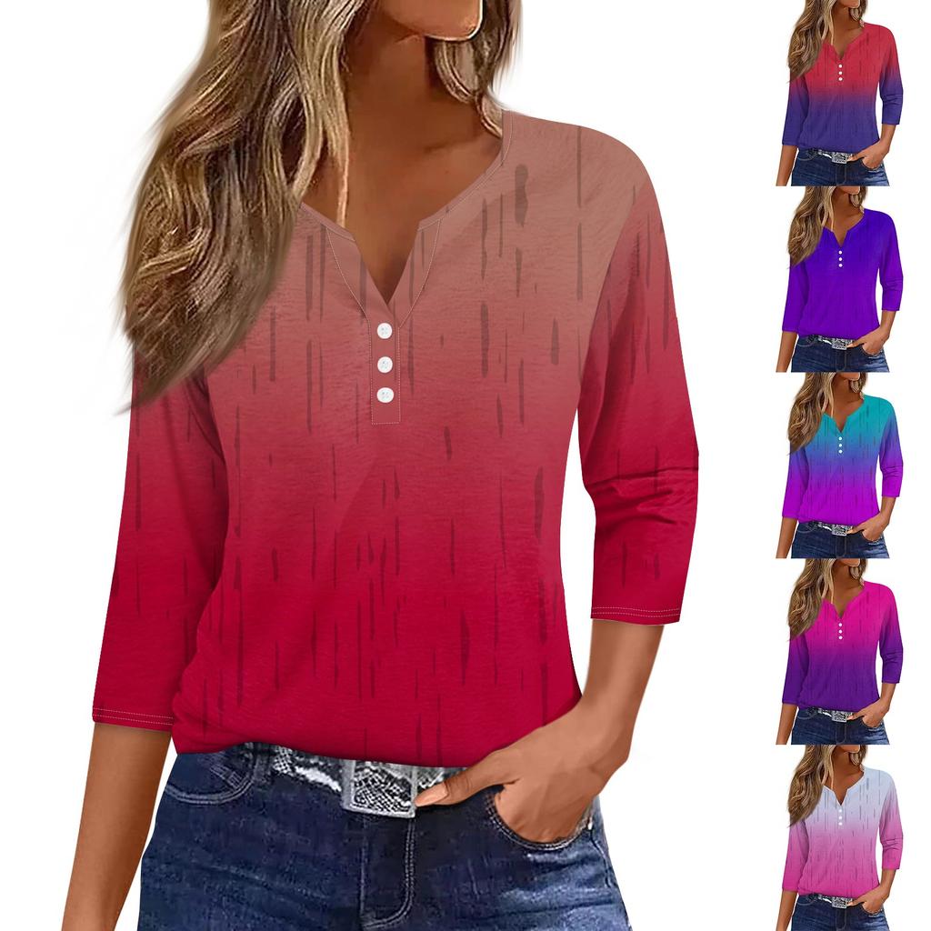 Жен. Футболка Футболка С принтом Пуговицы Рукав 3/4 Повседневные Выходные Мода Классический Классический V-образный вырез Обычный Верх
