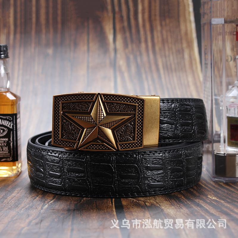 Men's Leather Belt with Automatic Buckle, Genuine Leather, Bronze Buckle, Faucet for Middle-aged and Young Business Casual Pants