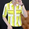 New Summer Men's Short-sleeved Shirt Hairstylist Striped Semi-zipper Youth Trendy Handsome Five-point Shirt