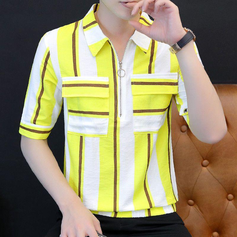 New Summer Men's Short-sleeved Shirt Hairstylist Striped Semi-zipper Youth Trendy Handsome Five-point Shirt