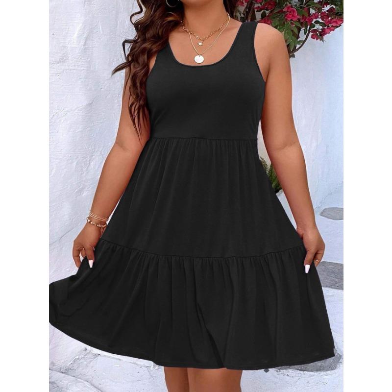 Женская мода лето весна сплошной цвет печати без рукавов U-образным вырезом с высокой талией повседневные платья