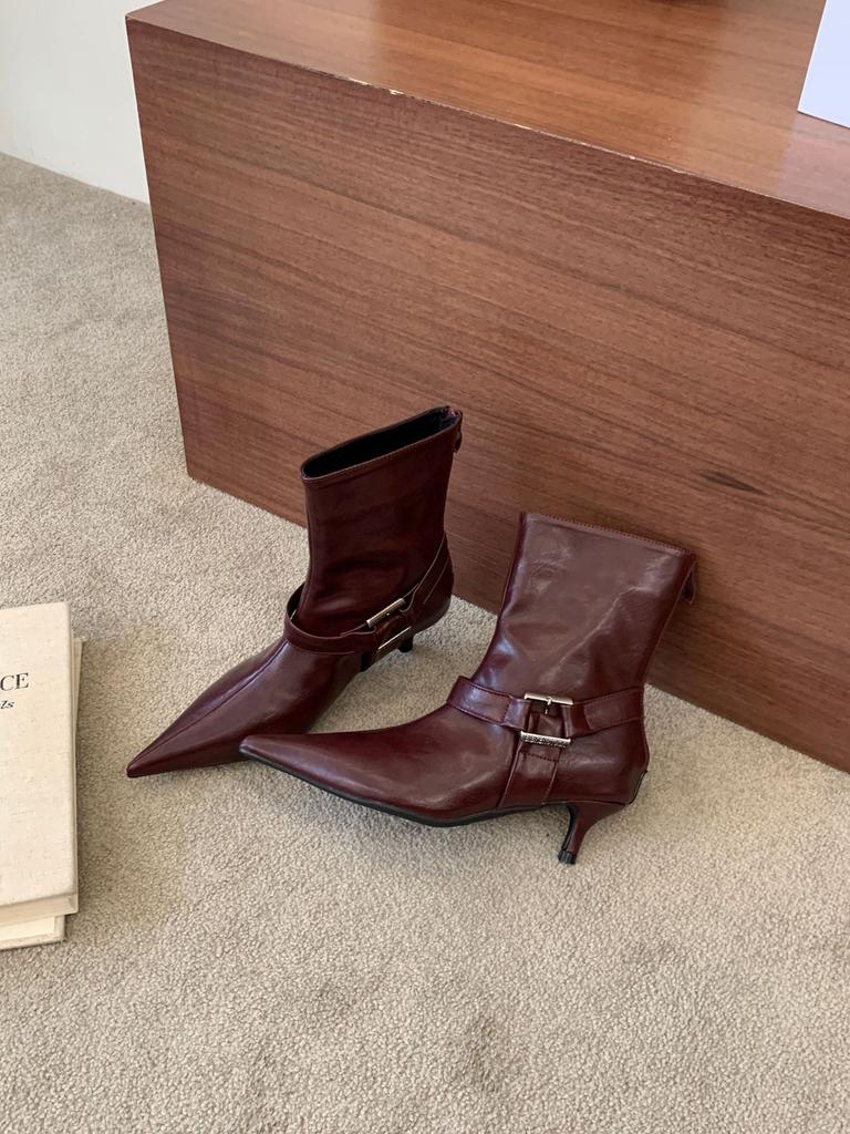 Pointed short boots women's autumn and winter new thin high-heeled belt buckle thin boots fashion boots