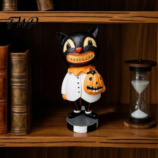 Decorative Cat for Windowsill Black Figurines, Vintage Halloween Ornament with Pumpkin, Small Figurine Retro Resin Table Decoration Shelf, Holiday