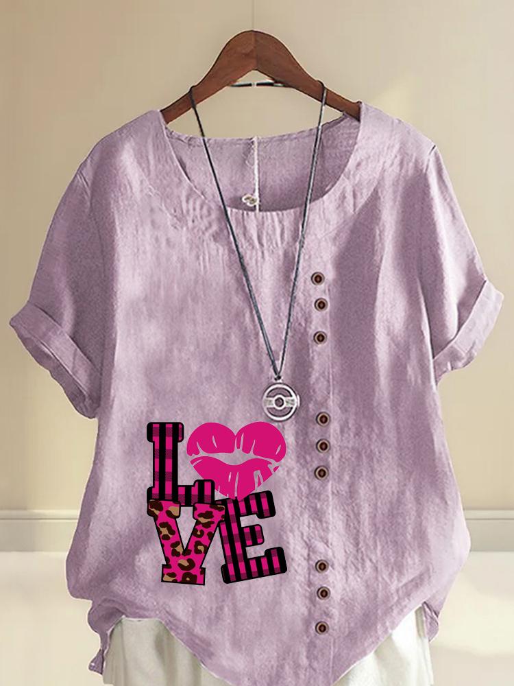 Women's Fashion Love Letters Print Shot Sleeve T-shirt Loose Cotton Shirt Casual Loose Summer Blouse Tops Plus Size