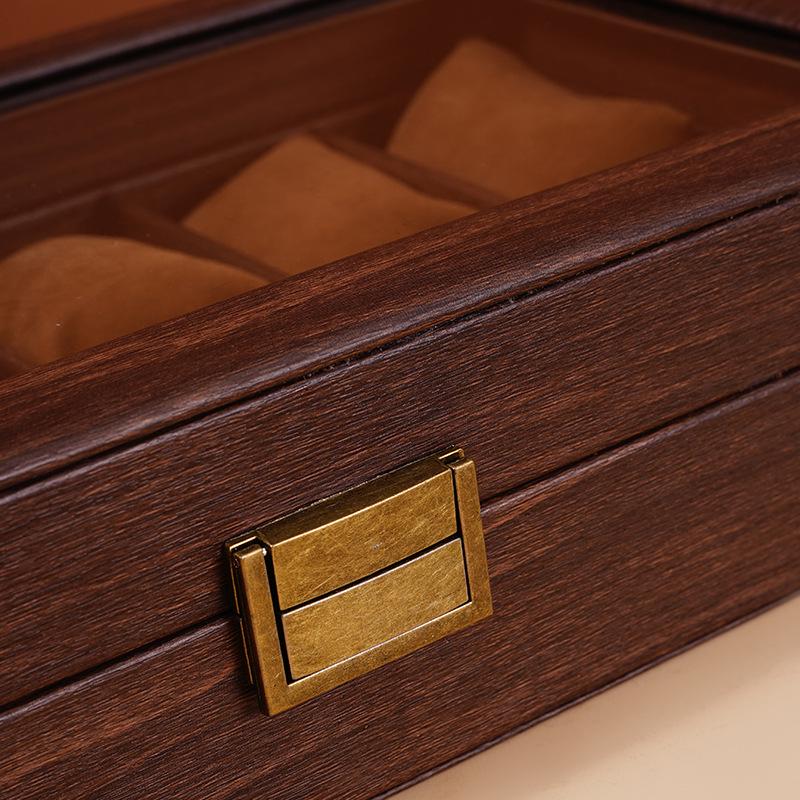 Exquisite Vintage Wood Grain Leather Watch Box with Dustproof Glass Lid for Wristwatch Display and Storage.