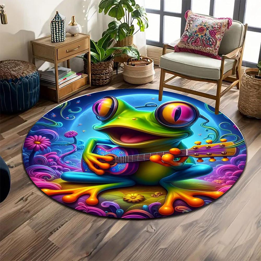 Colorful Frog Playing Guitar Print round rug, living room, bedroom, playroom carpet, non slip floor mat, gift