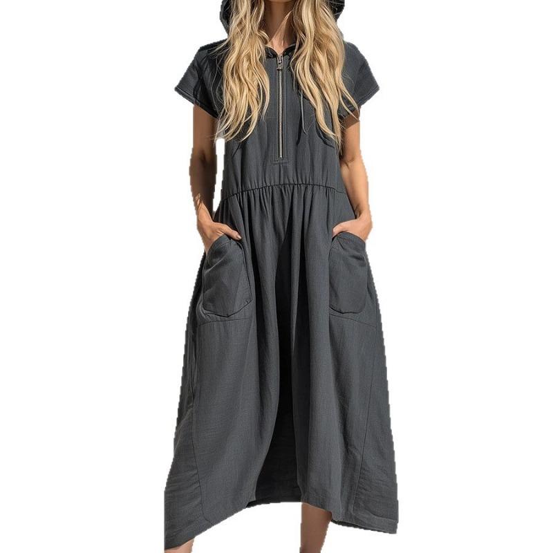 Vintage Loose Fit Hooded Half Zip Mid Length Dress With Pockets