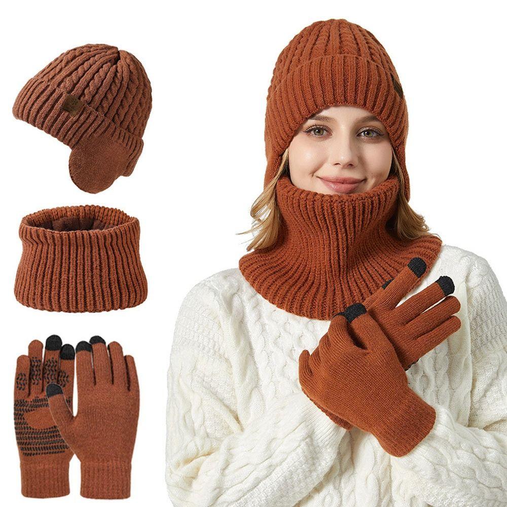 3Pcs/set Knitted Beanie Hat Scarf Warm Ear Protection Cap Fleece Lining Scarves for Men Women