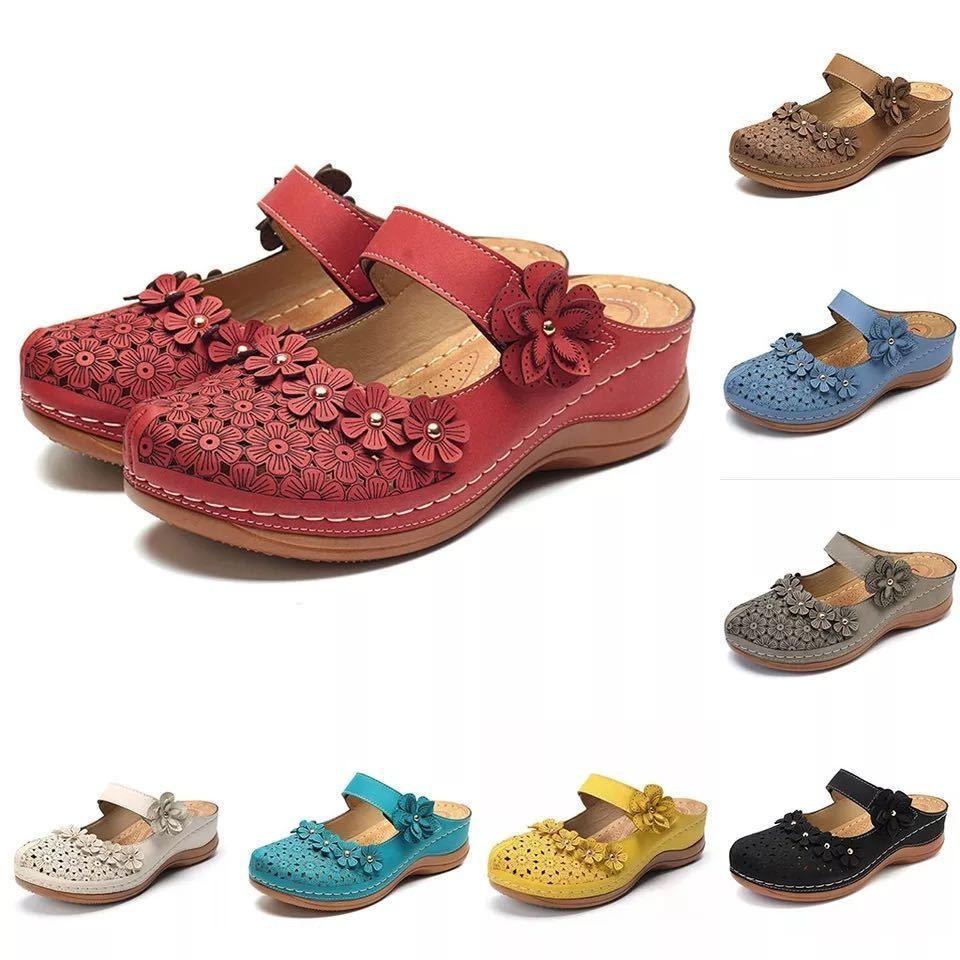 2023 Women's Sandals Large Size Vintage Flat Sandals Round Toe Flower Wedges Thick Sole Slippers for Women