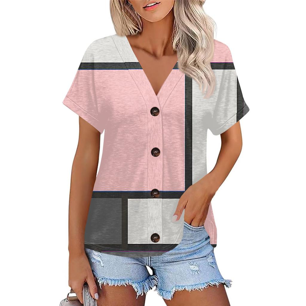Женская модная футболка с короткими рукавами и V-образным вырезом, цветным принтом в стиле пэчворк, на пуговицах
