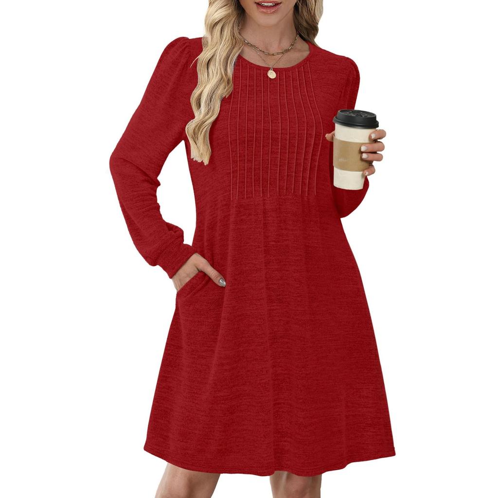 Женское повседневное платье с длинным рукавом, плиссировкой, круглым вырезом, однотонное, с карманами