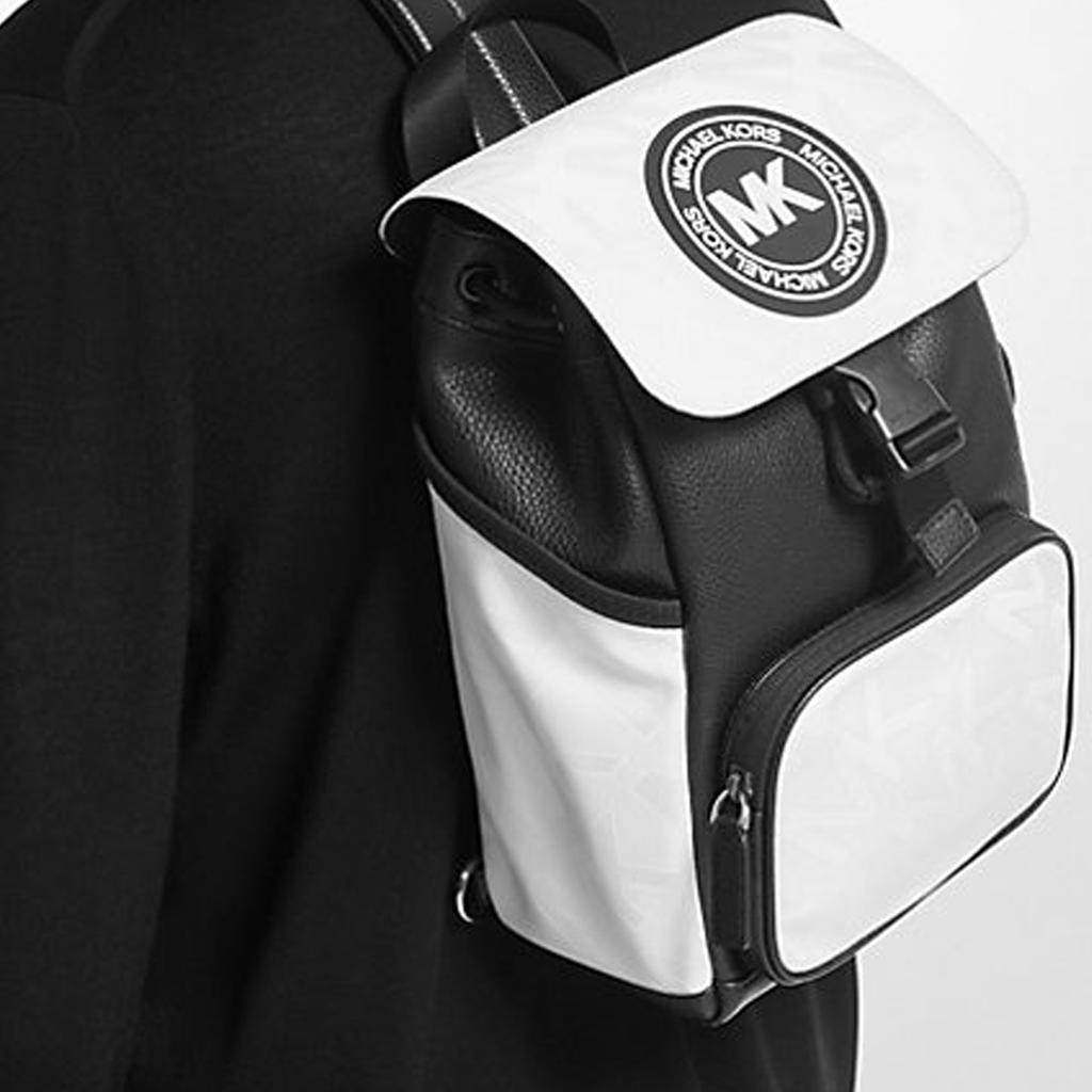 Michael Kors MK Kent Logo Drawstring Closure Nylon And Faux Leather Chest Bag Men bags Black White 37S3LKNC2O-BRIGHT-WHT