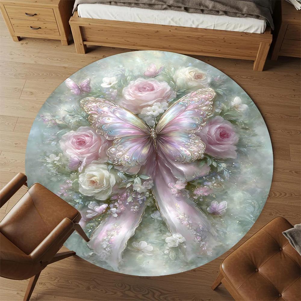 1pc Butterfly, Floral Round Chair mat Area Rug - Non-Slip, Floor Mat for Office, Bedroom, and Indoor Decor-1002313