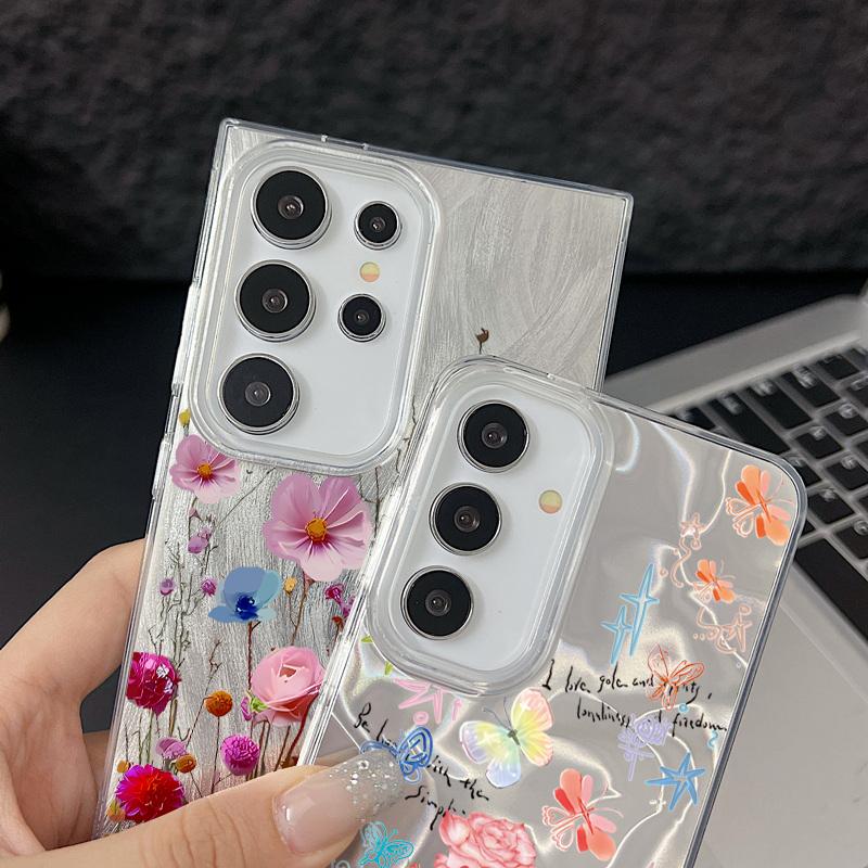 Чехол-накладка из мягкого блестящего полиуретана с цветочным принтом для Samsung S25 Ultra S24 FE S23 A36 A56 A16 A55, тонкий, ударопрочный, жесткий чехол для телефона из ПК с перьями