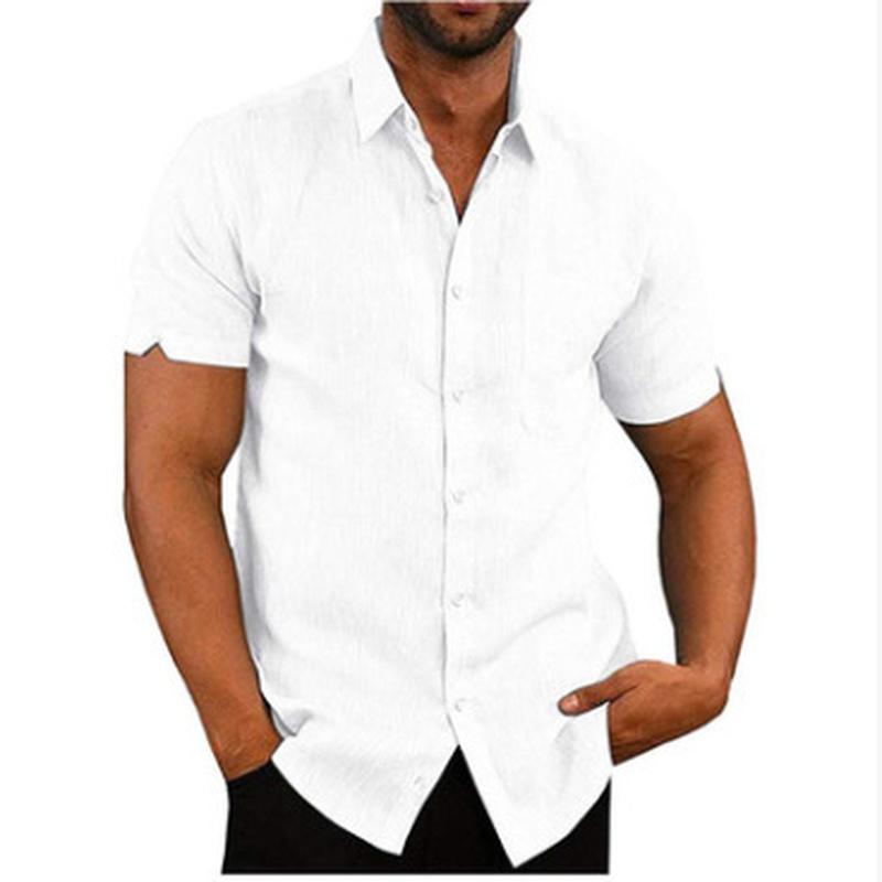Summer Lapel Solid Color Short Sleeve Button Up Men Linen Shirt Plus Size Men's Tops