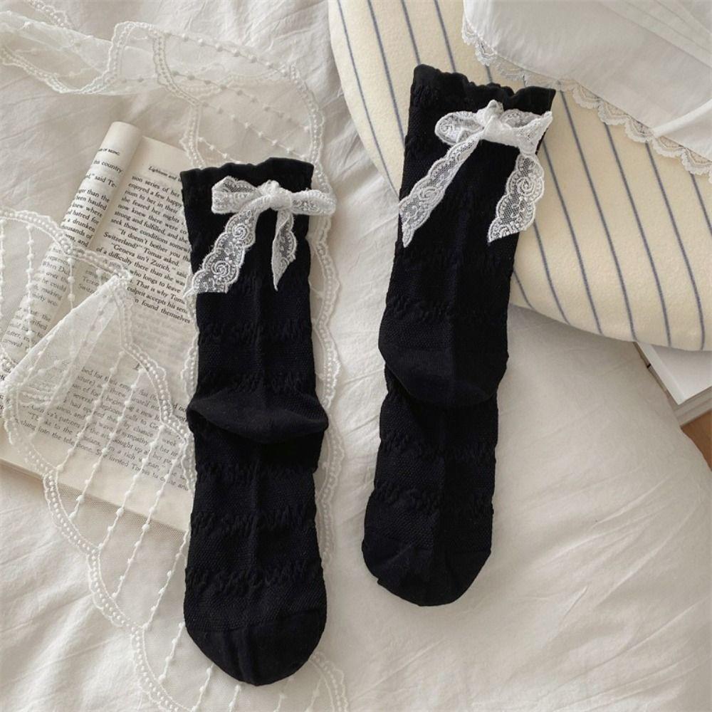 3Pairs Ins Style Lace Bow Socks Thin Sweet Socks Women Soft Mid Tube Socks  Lady