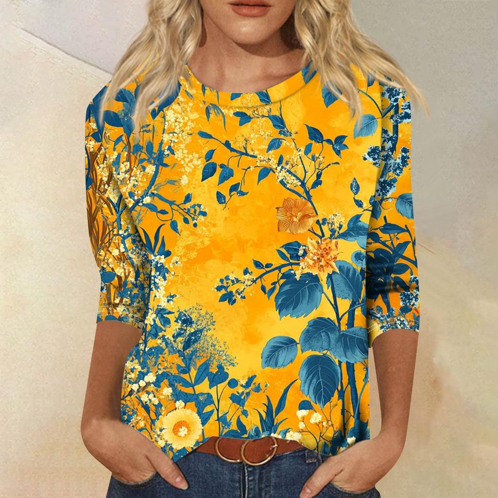 Женская модная повседневная свободная футболка с круглым вырезом и рукавами 3/4 с принтом, женский топ