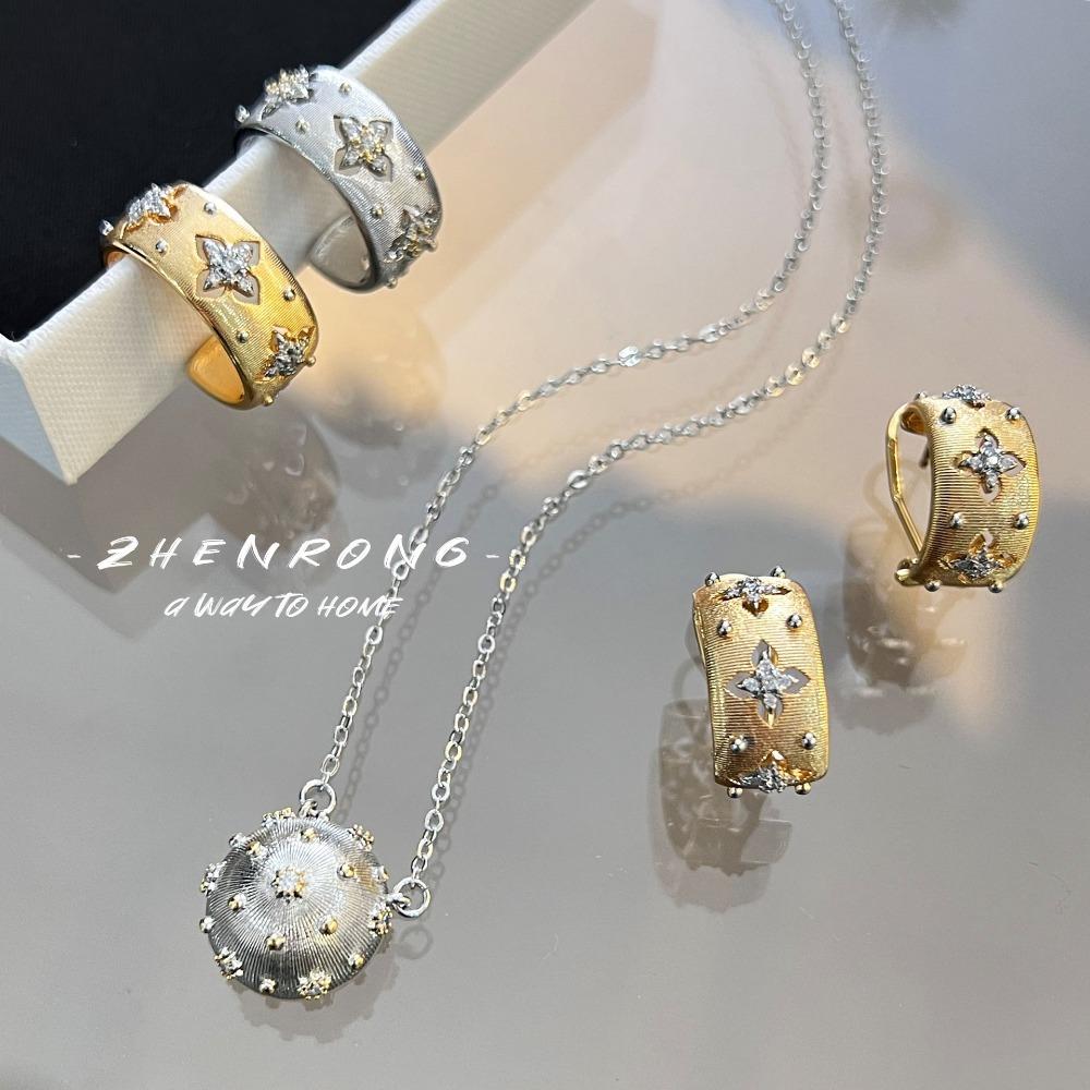 Vintage Boho Two Tone Gold Brushed Handmade Ring Set with Earrings Necklace Bracelet Real Gold Plated Jewelry