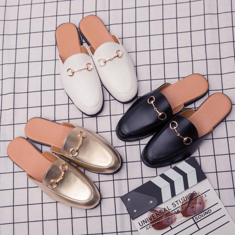 Мода UImmer Пара Полутапочки Мужская обувь Плоский каблук Британская мода Металлическая пряжка Уличные тапочки ПУ Деловые тапочки Размер 36-45