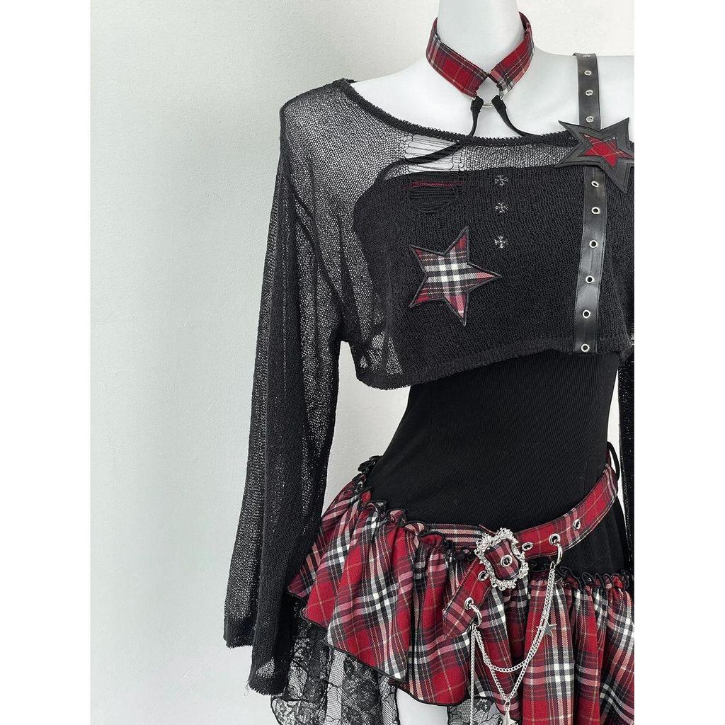 Платье-сетка Y2K для миллениалов черного цвета: Сладкий и пикантный нишевый дизайн, приталенный, стройнящий костюм-двойка