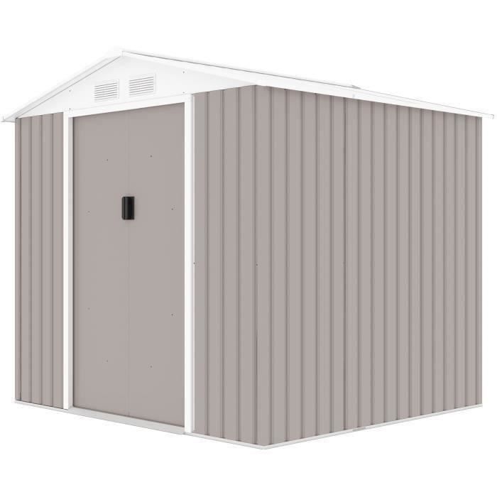 Metal Garden Shed 4.07 M² - 213 X 191 X 195 Cm - MARS - Anchoring Kit Included, 2 Sliding Doors - Taupe