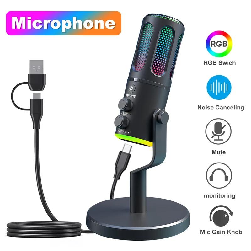 RGB USB Condenser Gaming Microphone Computer Professional Microphone For PC PS4 PS5 Mac Mobile Phone Recording Streaming New