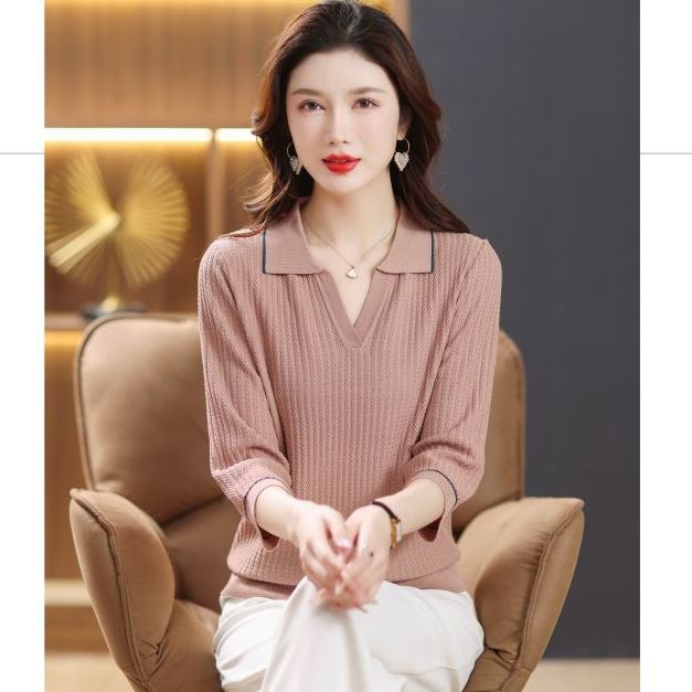 Трикотажный топ из ледяного шелка с лацканами для женщин, футболка со средним рукавом, трикотажная футболка с пятью рукавами на весну и осень