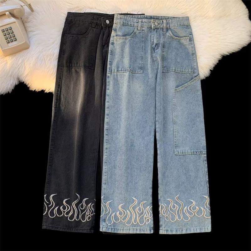 Spring and Autumn Men's Vintage Flame Printed Jeans Baggy Streetwear Wide Leg Denim Trousers Hip Hop Straight Pantalones