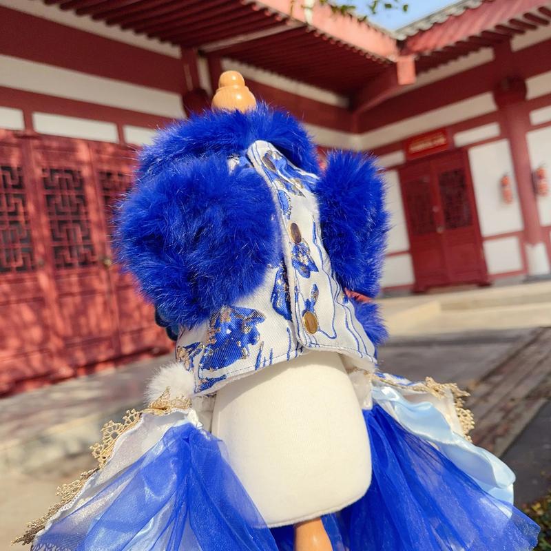 Royal Blue Princess Dress for Dogs Winter Thick Plush Cotton Warm Chinese Style Pet Outfit for Small to Medium Poodles Puppies