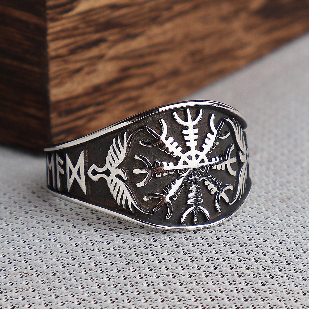 Винтажные кольца-компасы викингов Vegvisir для мужчин из нержавеющей стали, скандинавский амулет Одина и ворона, руническое кольцо, байкерские украшения