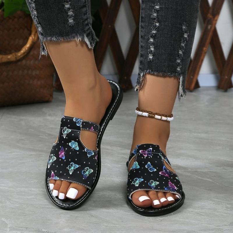 Модные летние новые сандалии с принтом бабочек на плоской подошве, легкие, дышащие, нескользящие