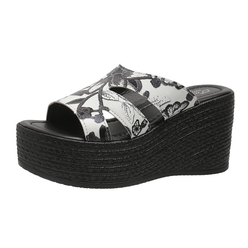 Женские тапочки на танкетке, новые летние босоножки на платформе с цветочным принтом, уличные с открытым носком, на высоком каблуке, тапочки, шлепанцы, женские, Zapatos De Mujer
