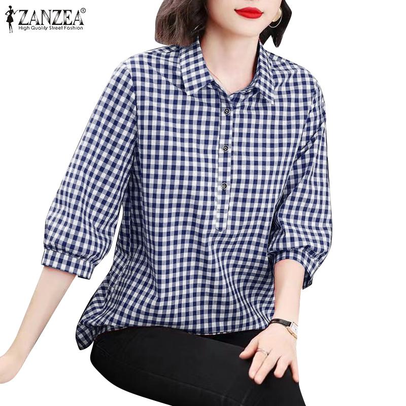 ZANZEA Женская повседневная блузка с отложным воротником и принтом в сетку с рукавами 3/4