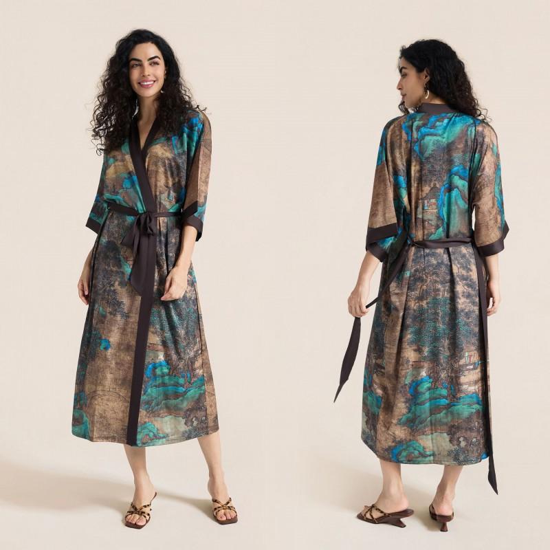 Satin Printed Robe Women Plus Size Lightweight Long Sleepwear Home