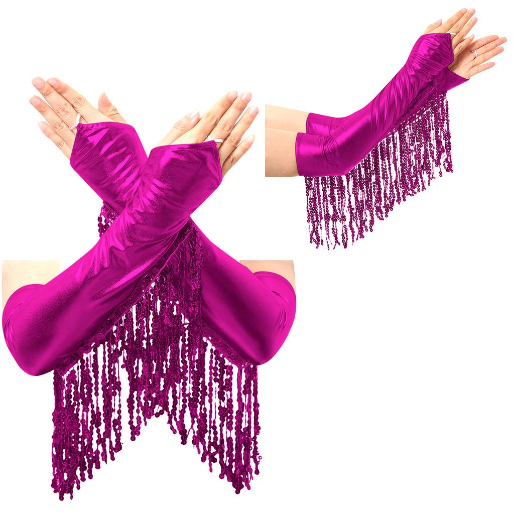 Взрослые блестящие металлические перчатки с пайетками и бахромой, до локтя, без пальцев, сценическо-вечериночные перчатки