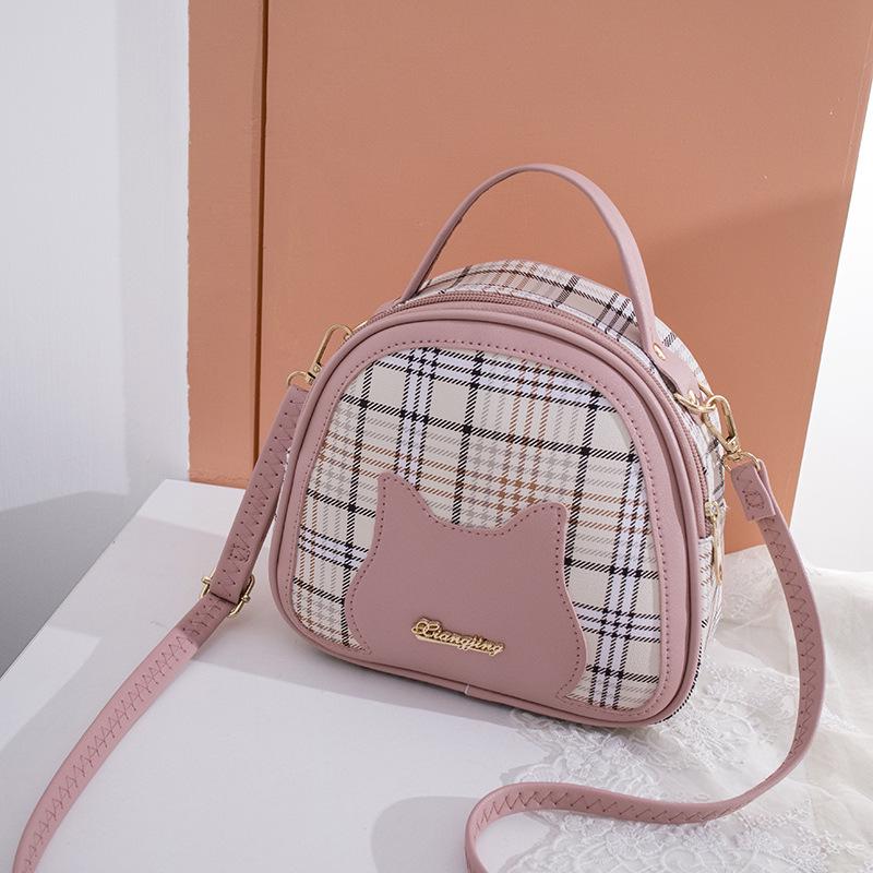 Fashion Women Checkered Cat Half Round Shoulder Messenger Bag