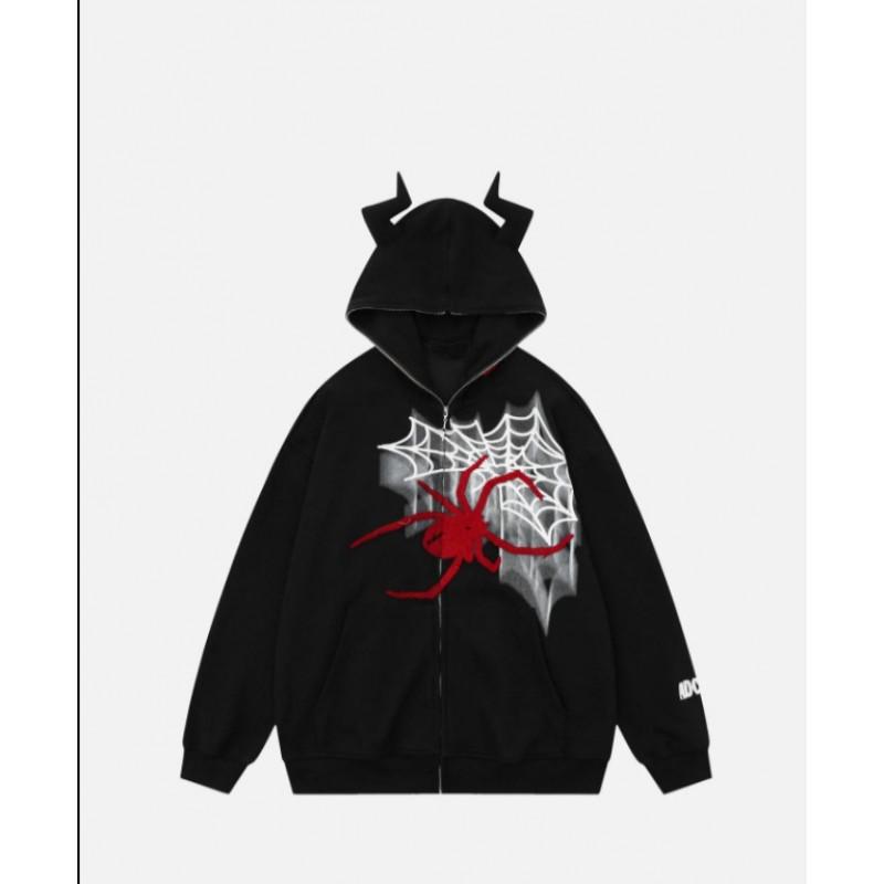 American Street Spider Horn Design Hooded Sweatshirt Loose Fit Men Women Fall Winter