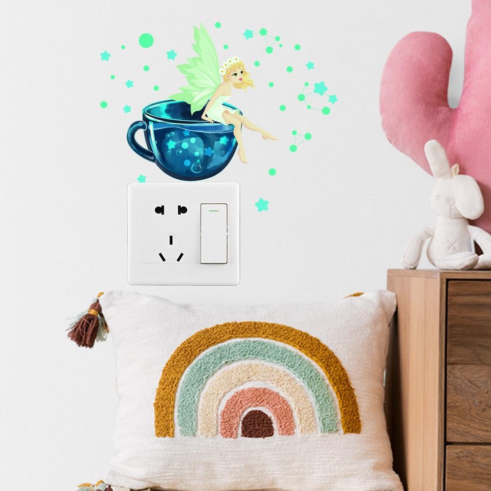 Светящаяся фея, сидящая на чашке, наклейки, светящиеся в темноте, флуоресцентные наклейки со звездами на стены для девочек, комнаты, выключатель света для дома