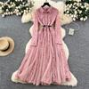 Chic Vintage Single Breasted Spliced Mesh Slim Elegant Fairy  Fashion Boho Sundress Women Clothing Long Dress