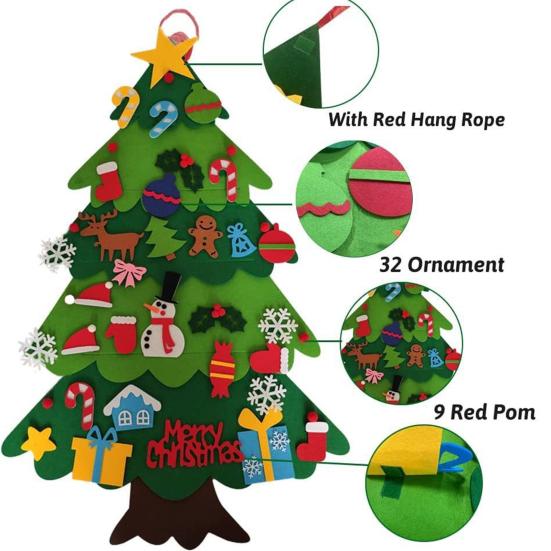 DIY Felt Christmas Tree with 5m LED Lights 3-Foot Tall Wall Hanging Decor with Detachable Ornaments Montessori Holiday Activity for Kids And Home