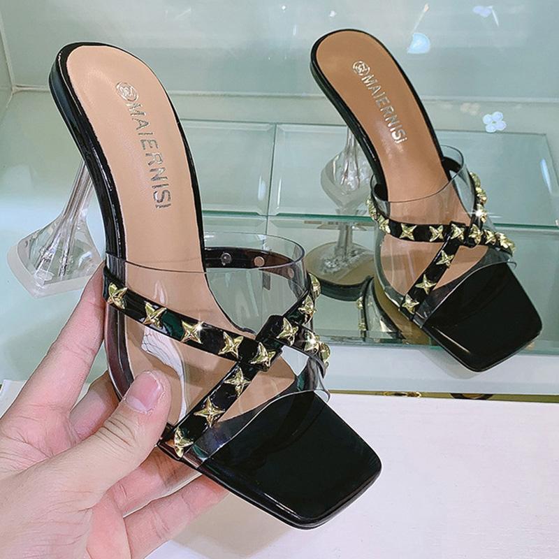 Женские сандалии большого размера, прозрачные сексуальные универсальные тапочки с открытым носком и заклепками, каблук 9 см, WZ, 2023 г.