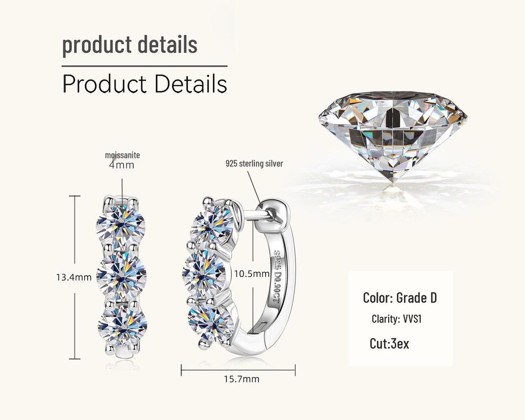 Luxury Moissanite Korean Retro Sterling Silver Ear Hoop Clip Earrings