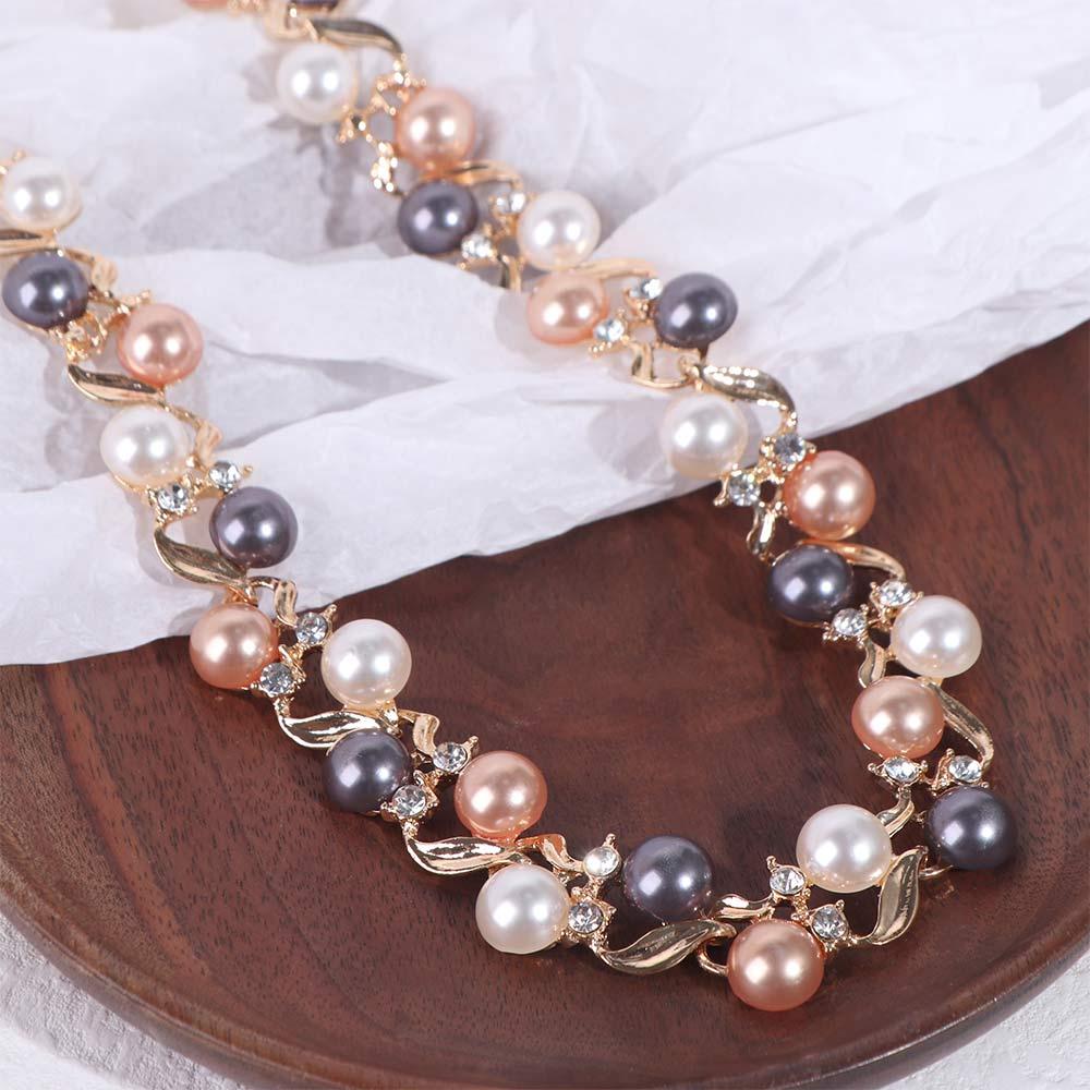 Fashion Elegant Pearl Necklace Leaf Rhinestone Colorful Pearl Necklace Women Jewelry Dangle Earrings Necklace Earrings Set Party