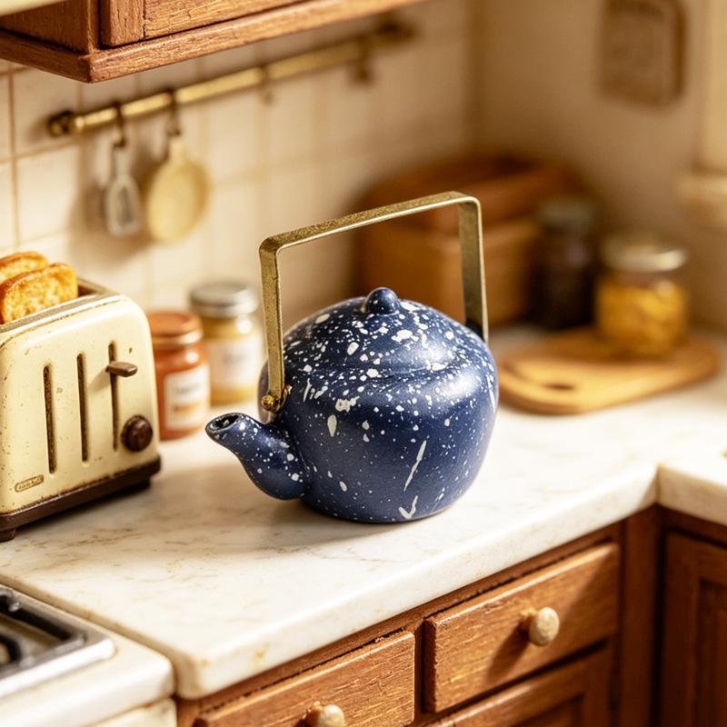 Classic 1:12 Scale Miniature Enamel Kettle for Dollhouse Kitchen Retro Design