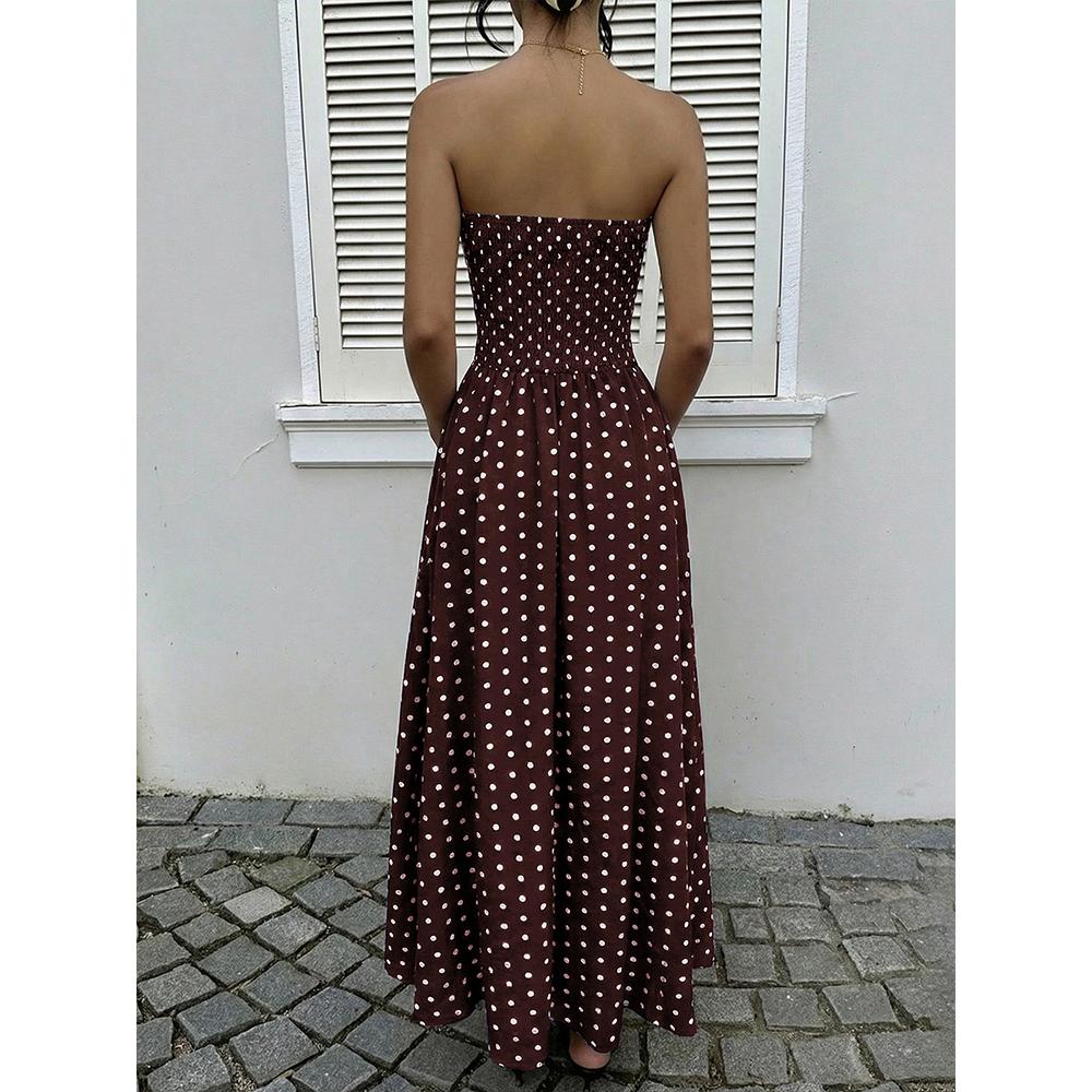 Womens Polka Dots Strapless Summer Dresses, Elastic Back Smocked Beach Vacation Outfits Vintage Elegant Maxi Dress
