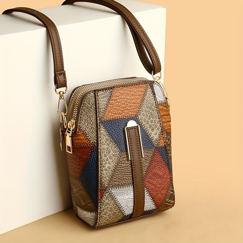 Bohemian Mobile Phone Bag, Retro Mini Crossbody Bag, Colorblock Rhombus Pattern Shoulder Purse