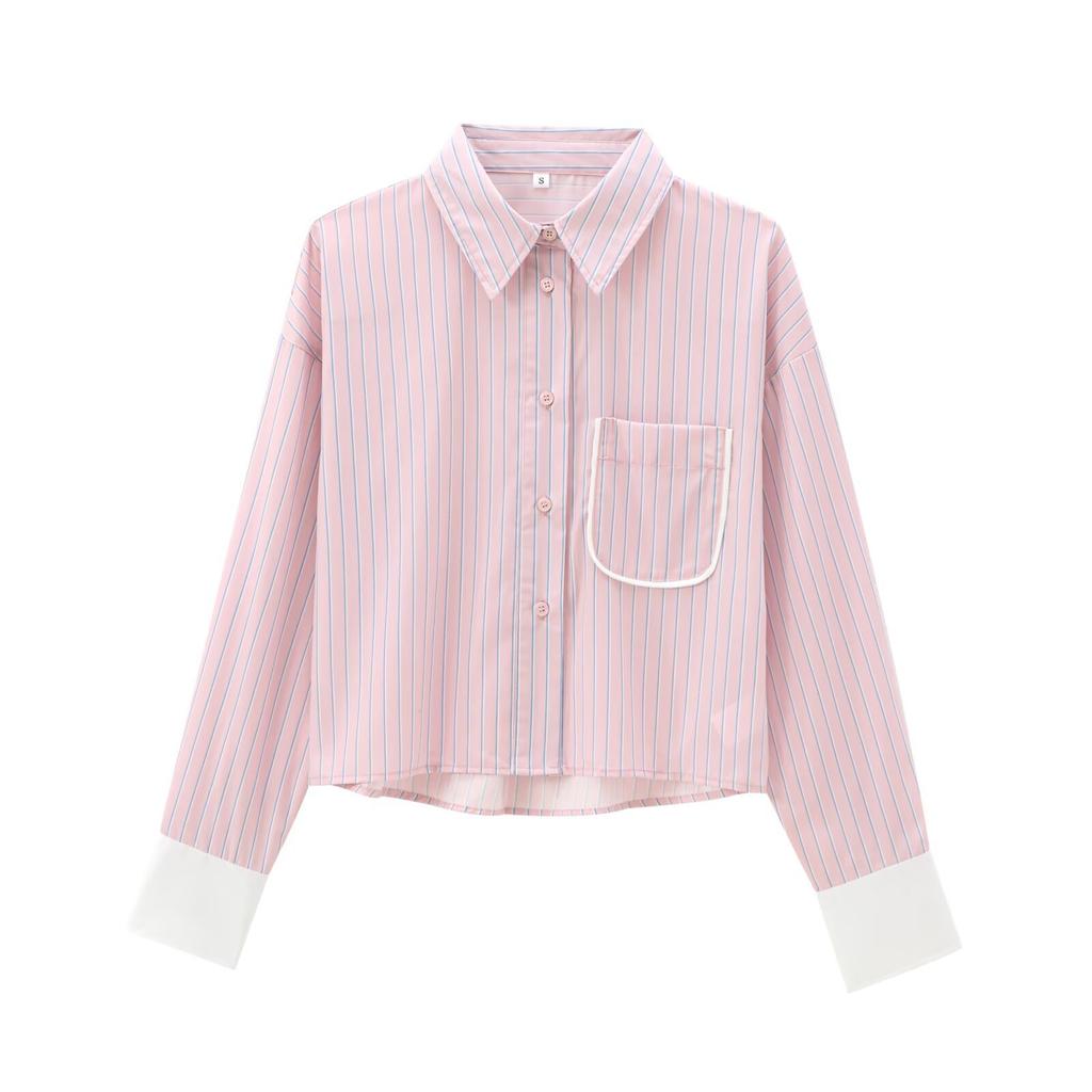 European and American women's clothing 1116 spring new product POLO collar striped contrasting cardigan short long-sleeved shirt top women