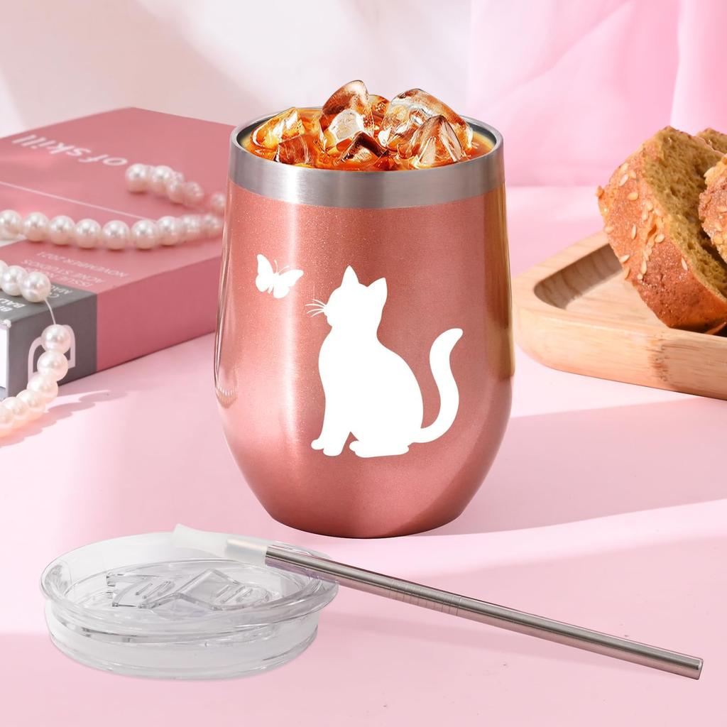 Livole Cat Gift for 350ml Stainless Steel Tumbler with Lid and Perfect for Day or Retirement Women, Straw, Insulated, Mother's (Rose Gold)